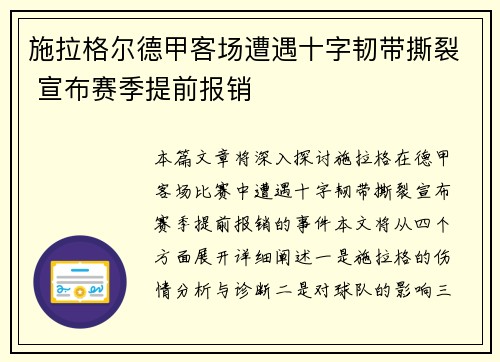 施拉格尔德甲客场遭遇十字韧带撕裂 宣布赛季提前报销