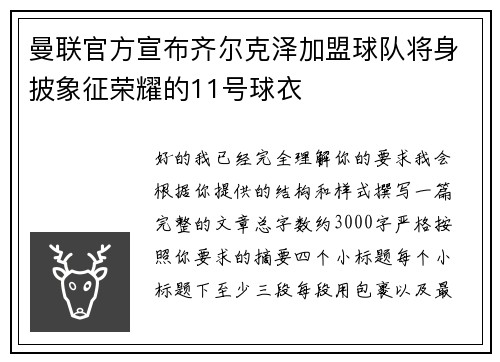 曼联官方宣布齐尔克泽加盟球队将身披象征荣耀的11号球衣